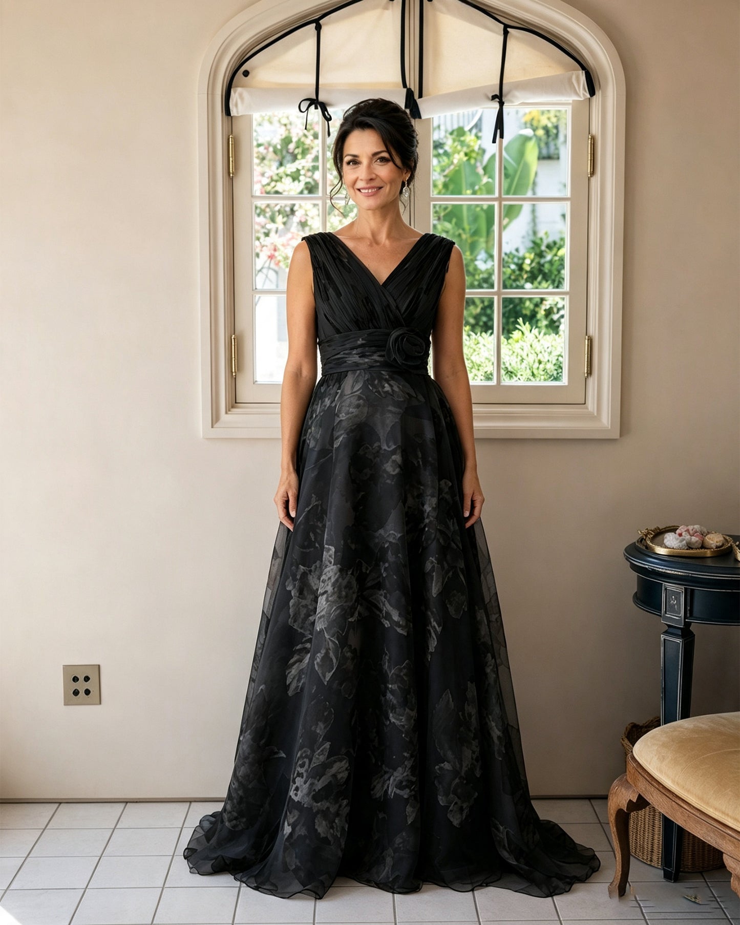 Floral Print V-Neck Chiffon Mother of the Bride Dress with Rosette Sash