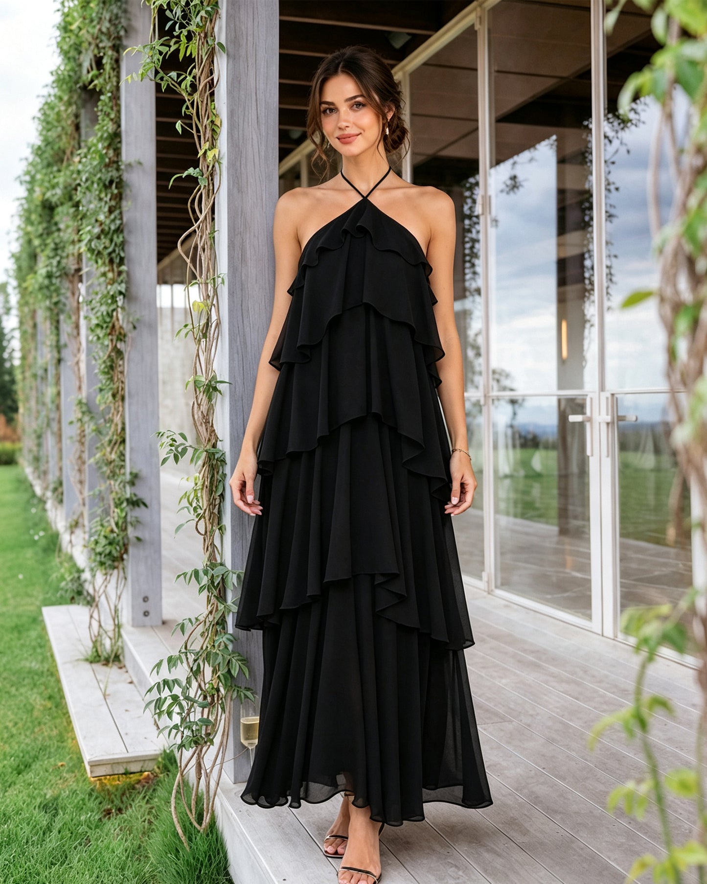 Halter Neck Tiered Chiffon Bridesmaid Dress with Ruffle Overlay