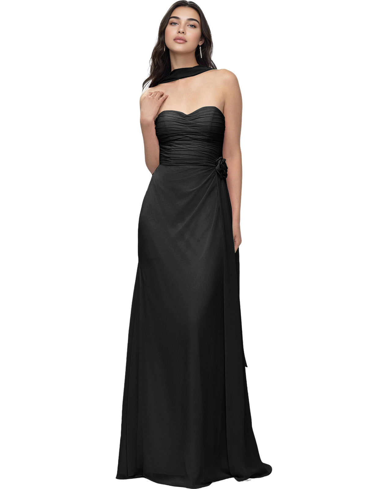 Strapless Chiffon Bridesmaid Dress with Wrapped Bodice and Slit Dress
