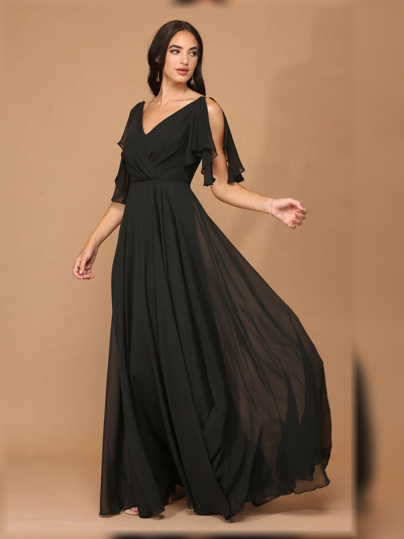 Ruffled V Neck A-Line Maxi Chiffon Bridesmaid Dress for Wedding Reception