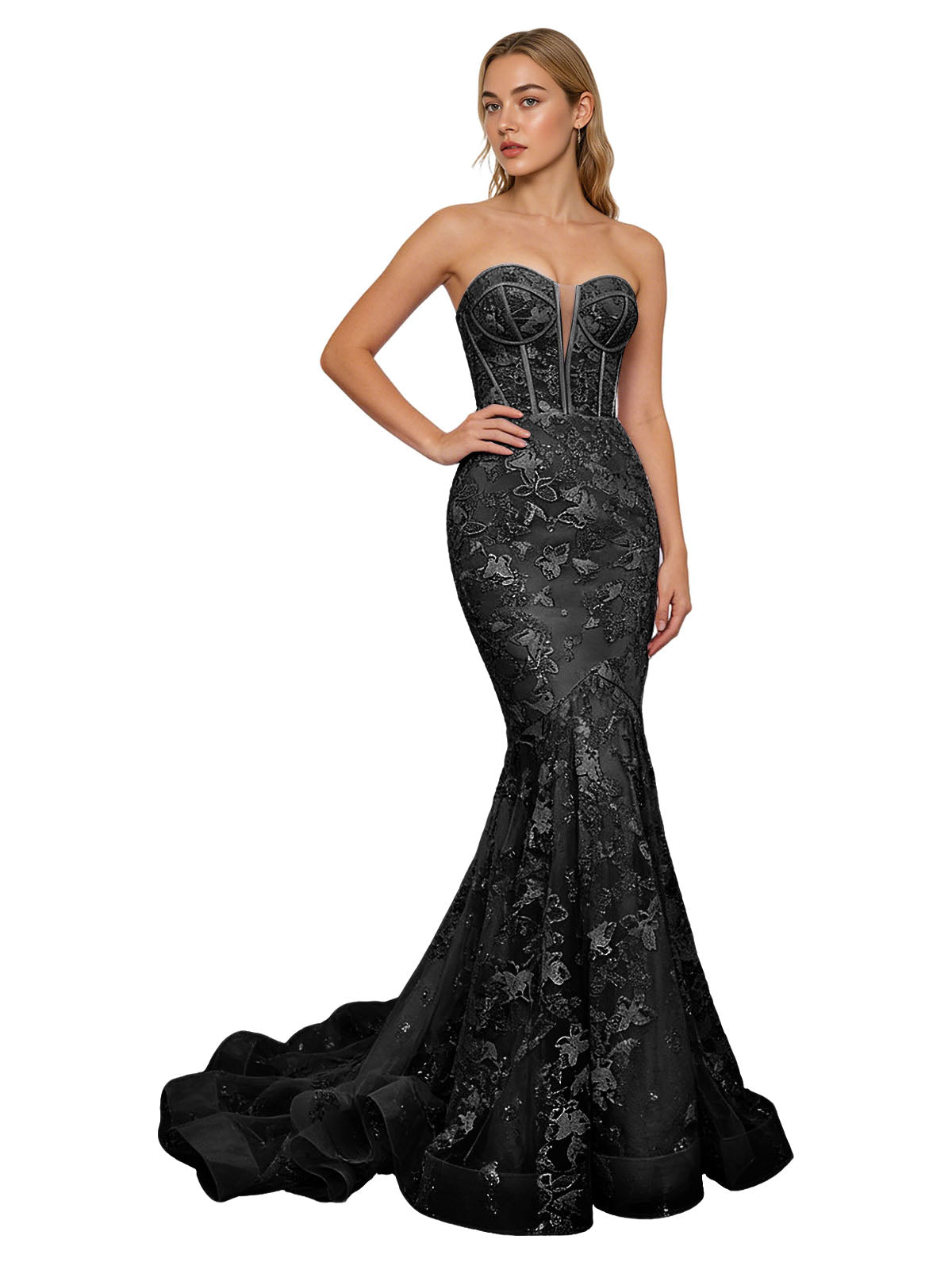 Strapless Lavender Lace Mermaid Prom Dress with Sheer Corset and Train