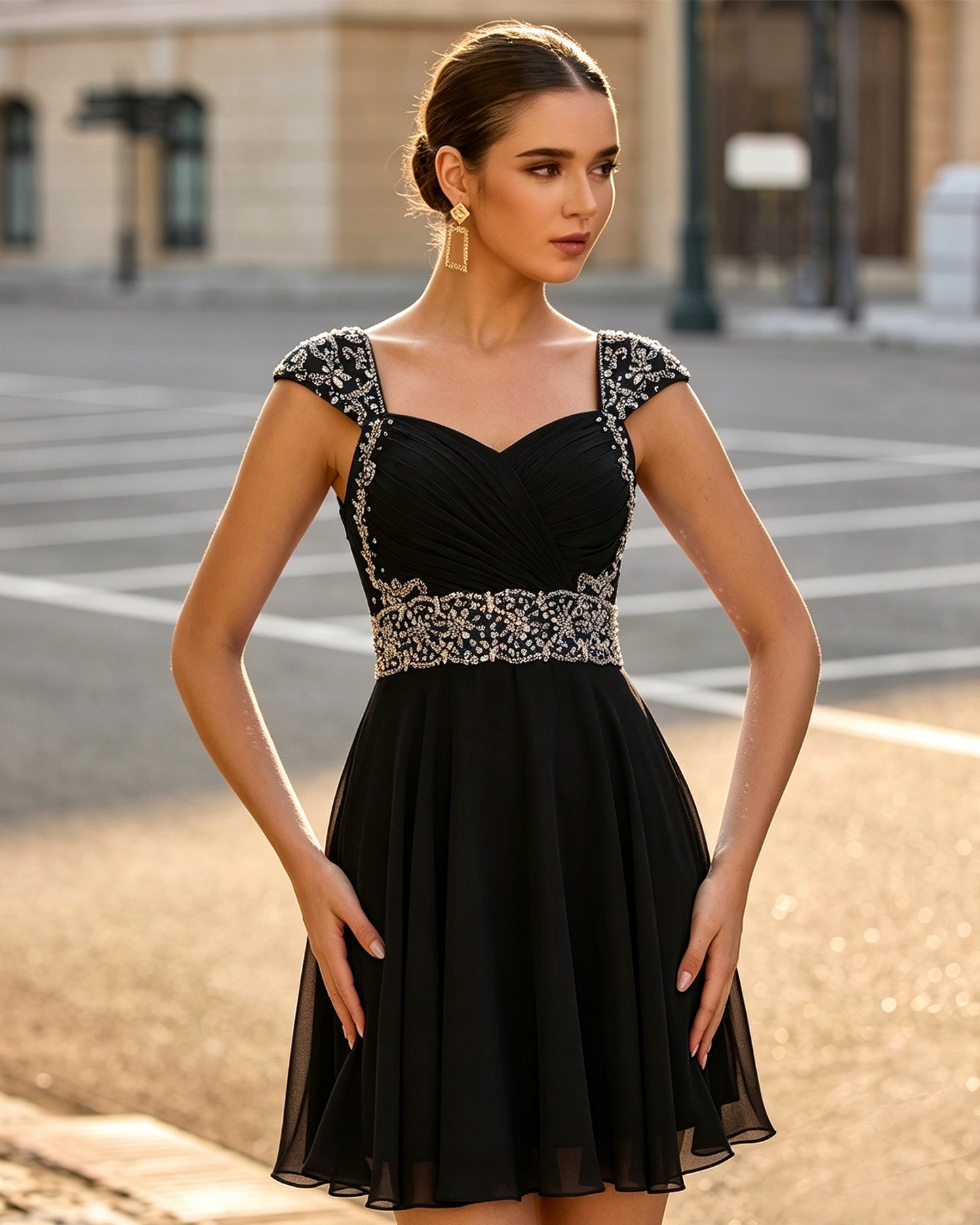 Sweetheart Ruched Chiffon Short Homecoming Dress with Beaded Cap Sleeves