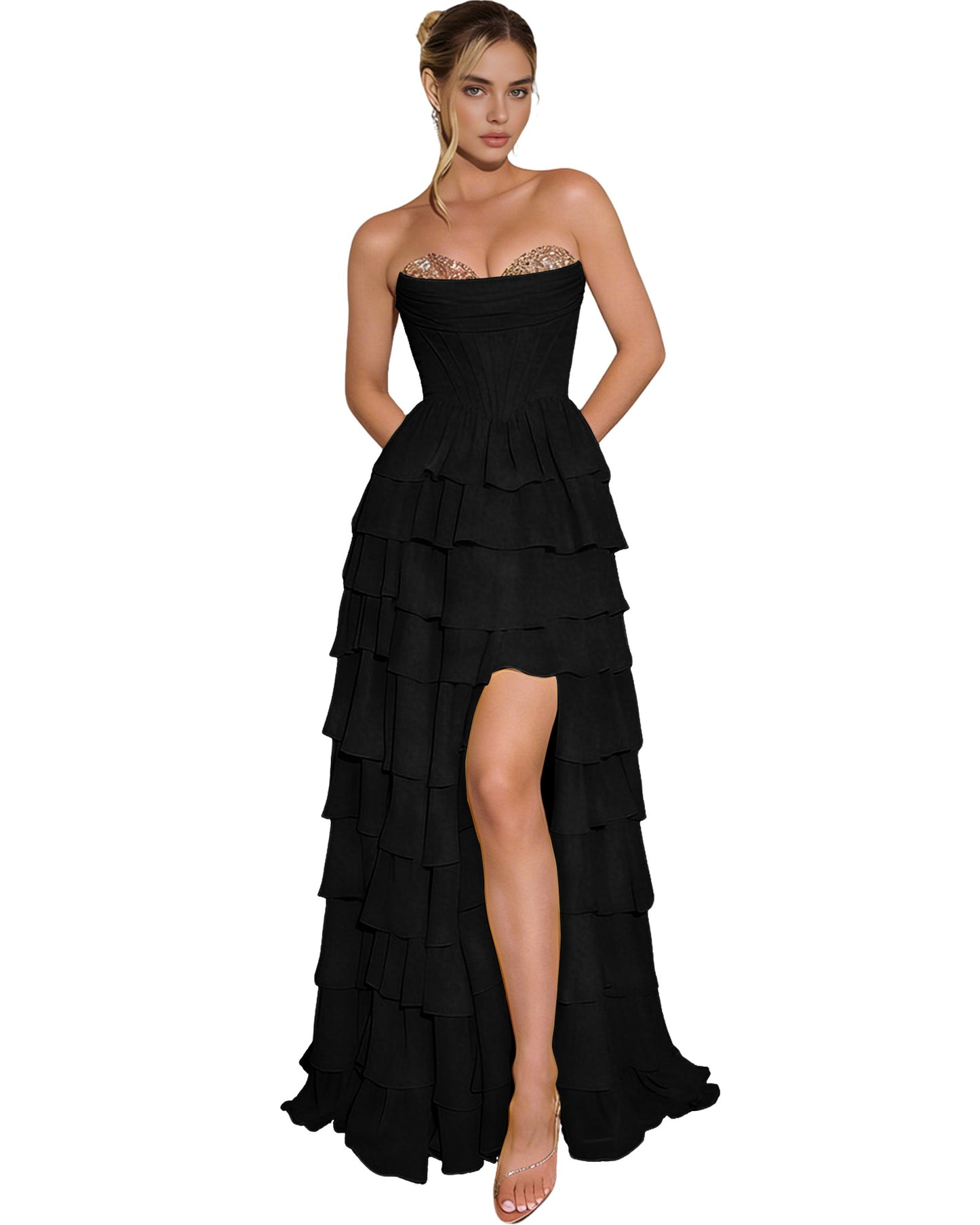 Strapless Layered Tulle Prom Dress with Corset Bodice and High Low Hem