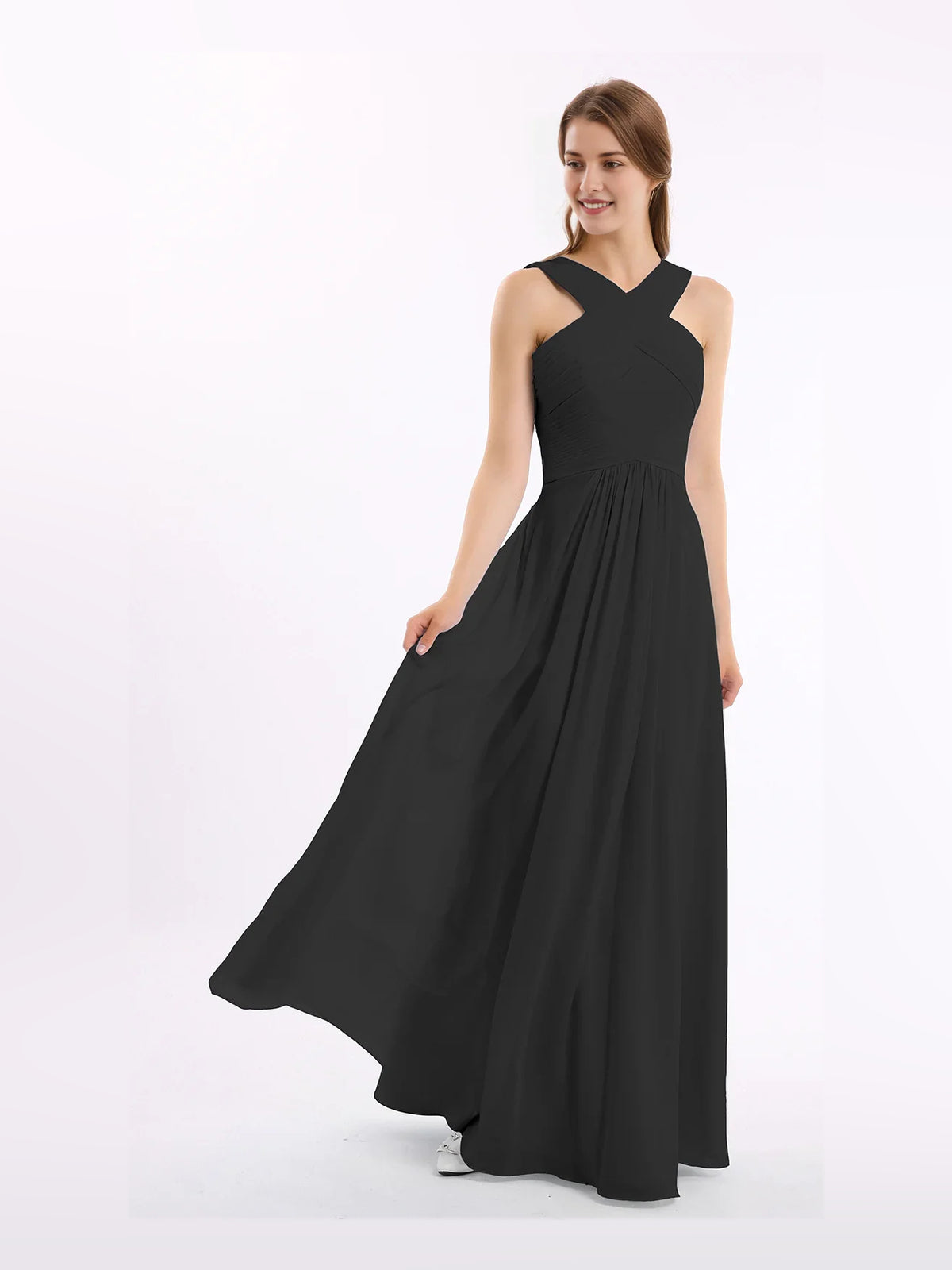 Pleated Halter Neck A-Line Maxi Chiffon Bridesmaid Dress for Estate Wedding