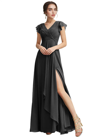 Cap Sleeve Chiffon Bridesmaid Dress with Ruffle V-Neck and Slit