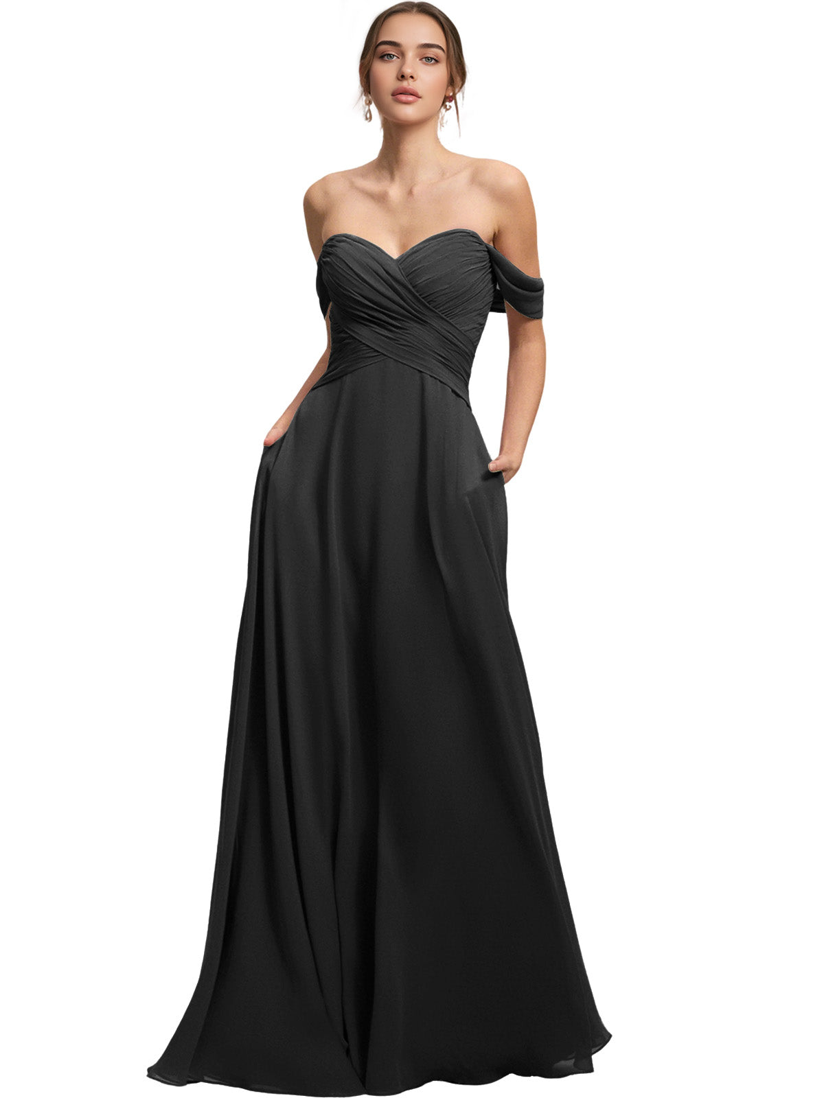 Off Shoulder Chiffon Bridesmaid Dress with Draped Bodice and A-Line Dress
