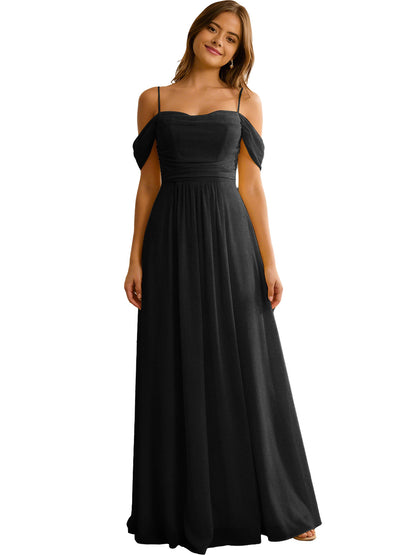 Off Shoulder Chiffon Bridesmaid Dress with Soft Pleated Bodice