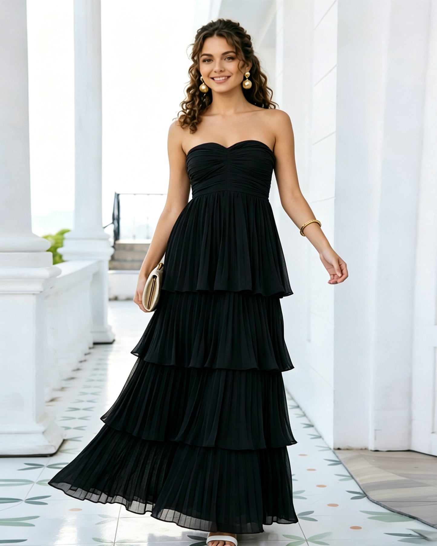 Strapless Tiered Pleated Formal Dress with Ruffle dress