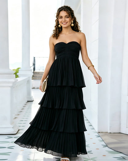 Strapless Tiered Pleated Formal Dress with Ruffle dress