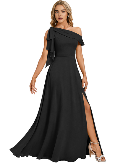 Asymmetric Off Shoulder Bridesmaid Dress with Draped Sleeve and Slit