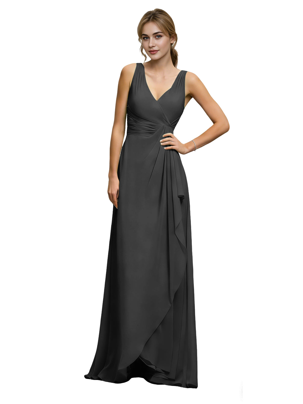 Halter V-Neck Chiffon Bridesmaid Dress with Draped Sash Waist