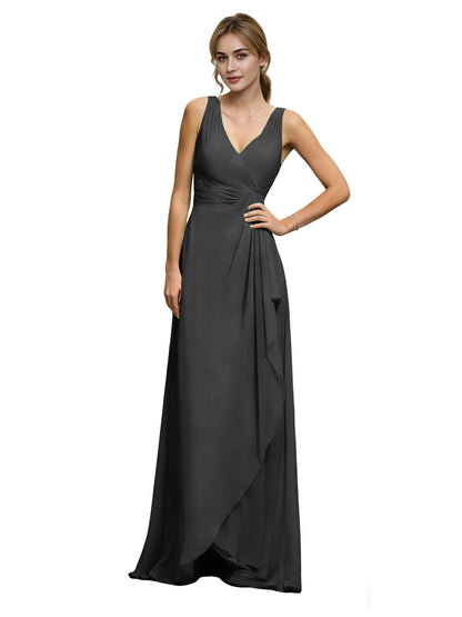 Halter V-Neck Chiffon Bridesmaid Dress with Draped Sash Waist