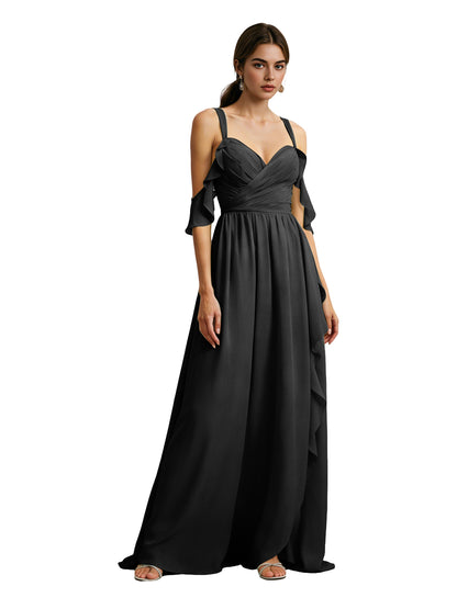 Cold Shoulder Chiffon Bridesmaid Dress with Draped V-Neck Bodice