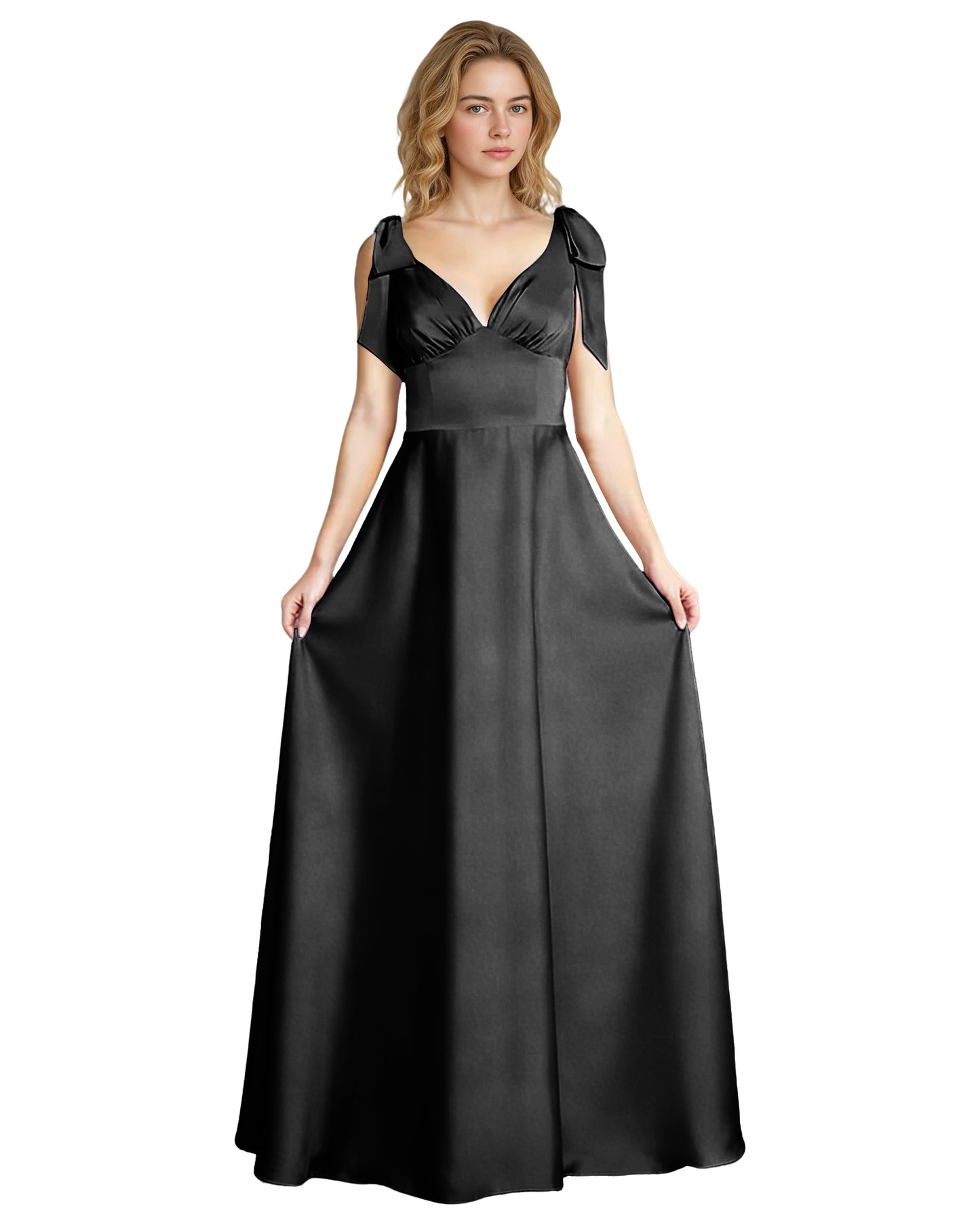 V-Neck Bow Strap Satin Bridesmaid Dress with Empire Waist