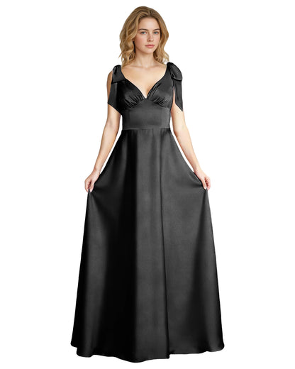 V-Neck Bow Strap Satin Bridesmaid Dress with Empire Waist
