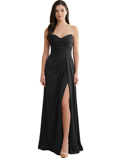 Strapless Pleated Satin Bridesmaid Dress with Side Slit