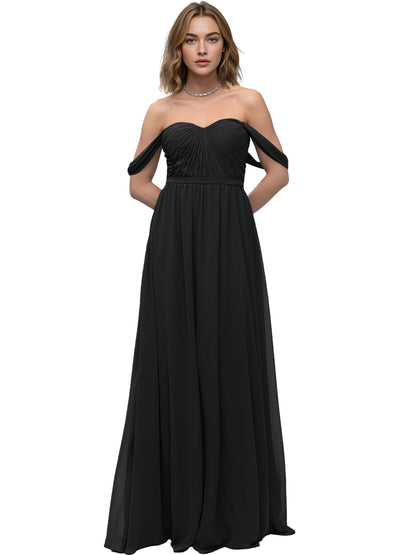 Off Shoulder Sweetheart Chiffon Bridesmaid Dress with Ruched Bodice