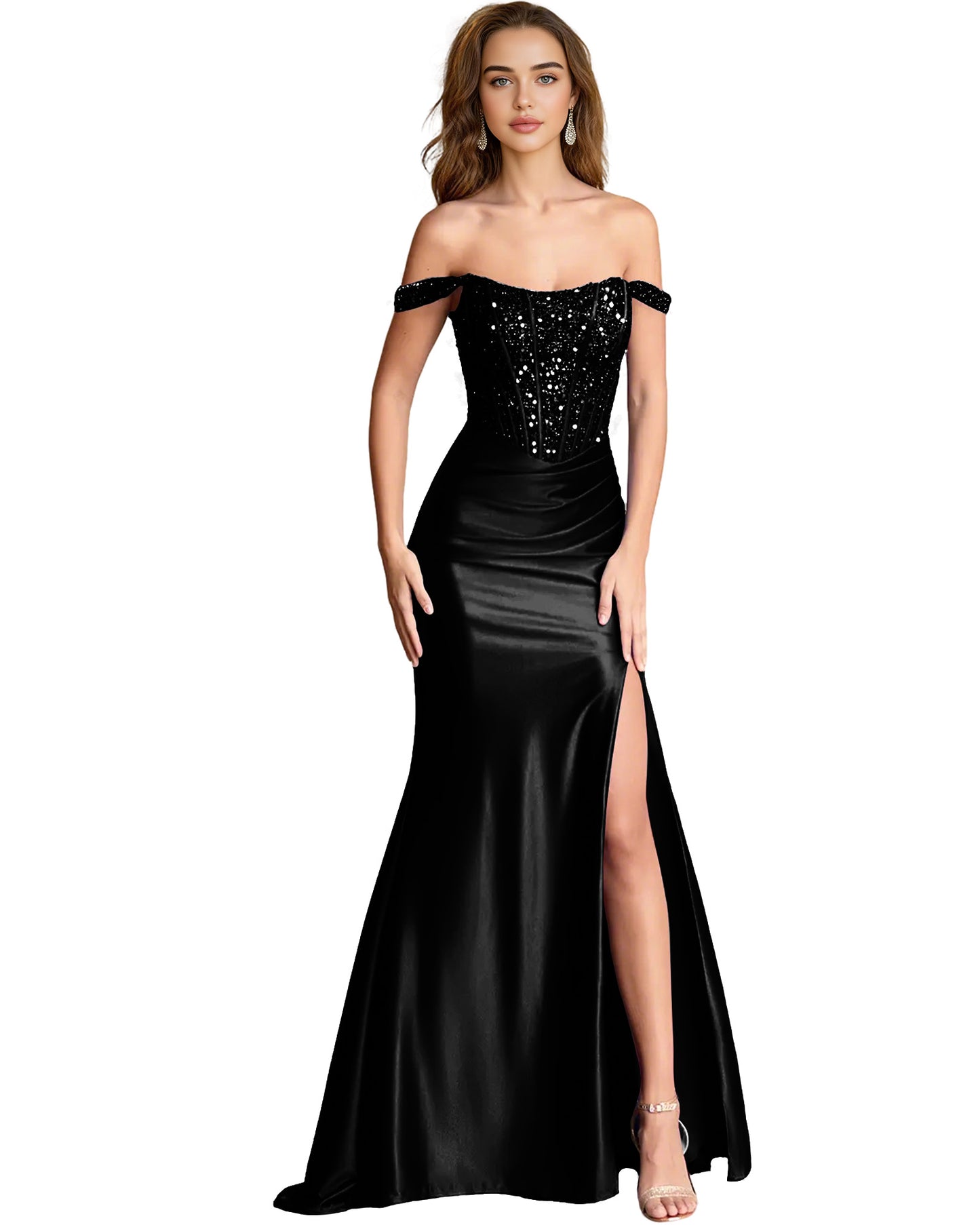 Off Shoulder Sequin Satin Mermaid Dress with Draped dress Slit
