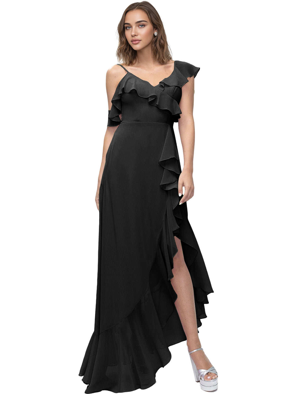 Asymmetrical Ruffle Chiffon Bridesmaid Dress with High Low Slit