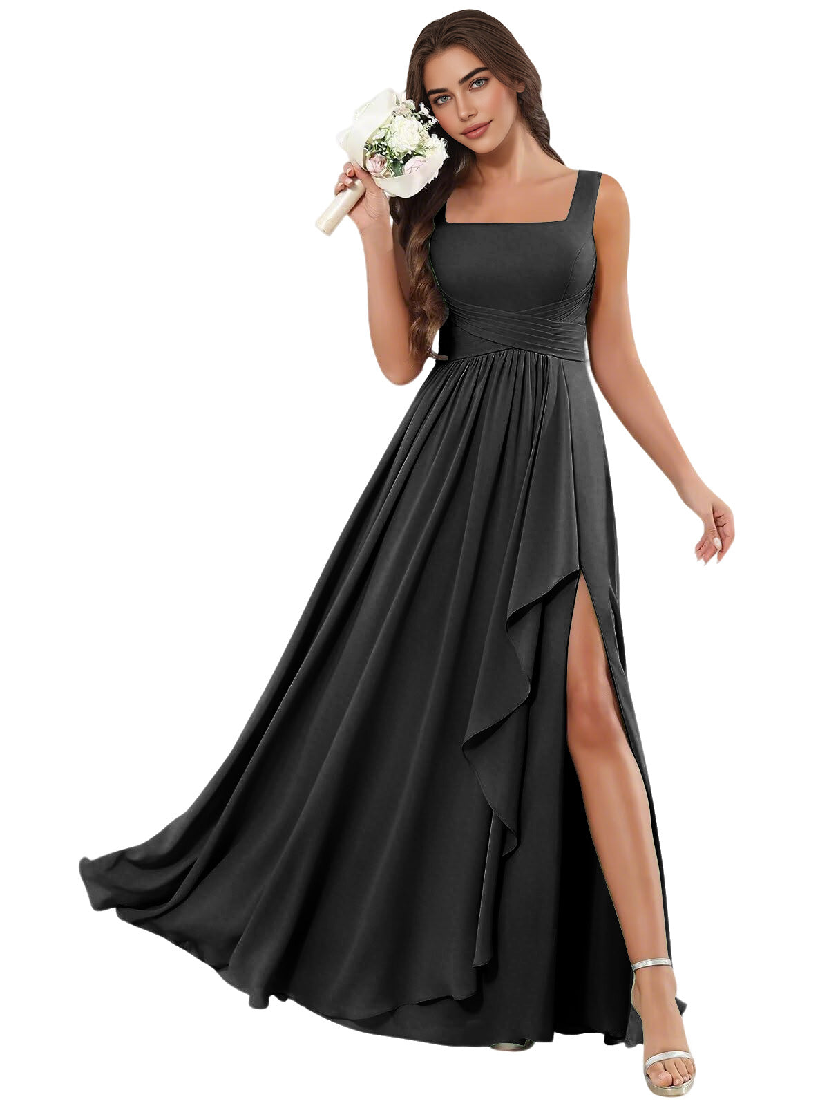 Square Neck Chiffon Bridesmaid Dress with Corset Back and Slit