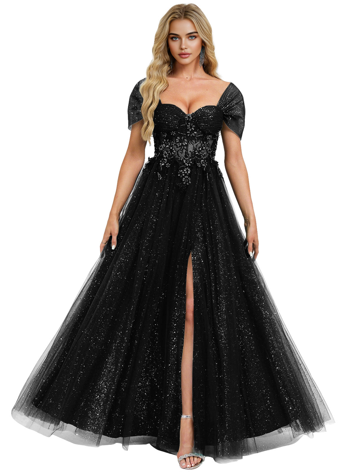 Short Sleeve Glitter Tulle Prom Dress with Illusion Bodice and Slit