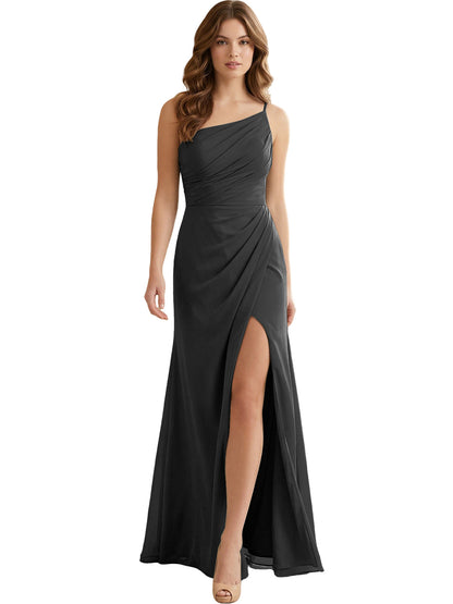 One Shoulder Ruched Chiffon Bridesmaid Dress with Front Slit