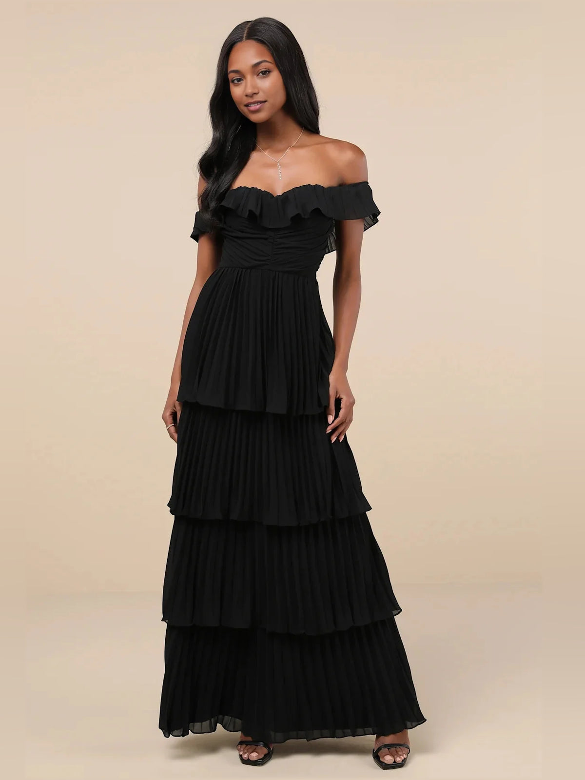 Ruched Pleated Ruffled Off Shoulder A-Line Maxi Chiffon Bridesmaid Dress for Destination Wedding
