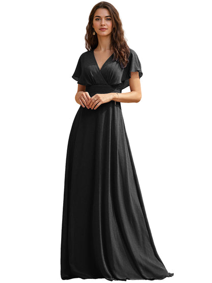Flutter Sleeve V-Neck Chiffon Bridesmaid Dress with Flowing dress