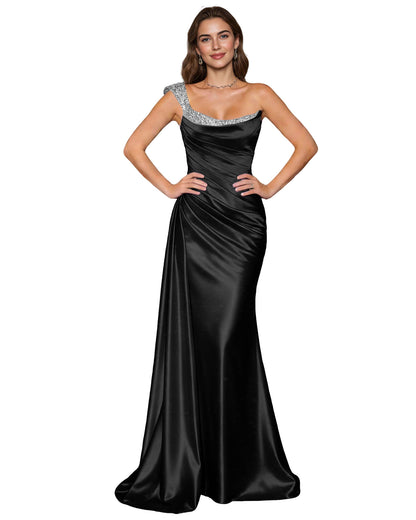 Spaghetti Strap Satin Mermaid Prom Dress with Draped Cowl Neck