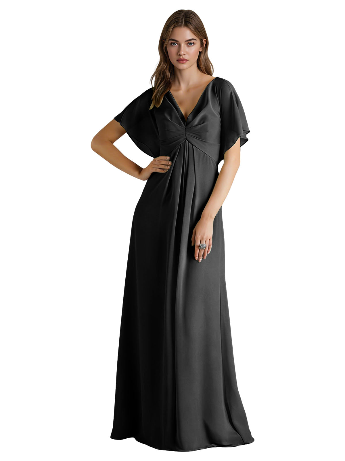 Short Sleeve V-Neck Chiffon Bridesmaid Dress with Gathered Waist