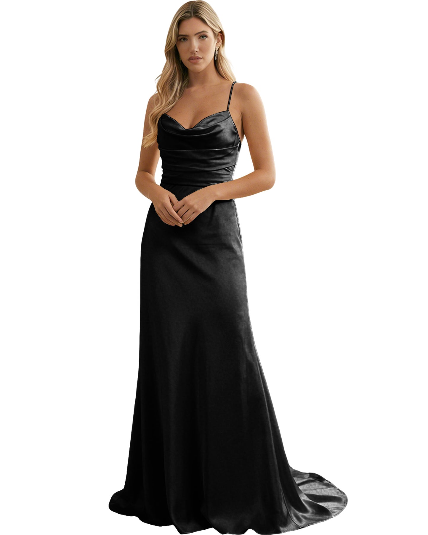 Spaghetti Straps Ruched Satin Floor Length Bridesmaid Dress