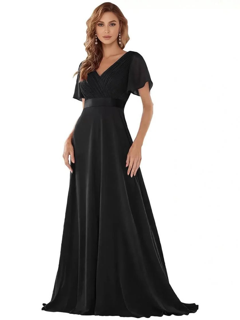 Ruched Corset V Neck A-Line Maxi Satin Bridesmaid Dress for Estate Wedding