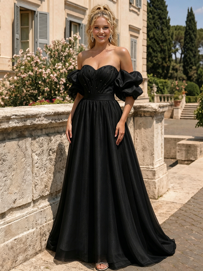 Off The Shoulder Sweetheart A-Line Prom Dress with Puff Sleeves