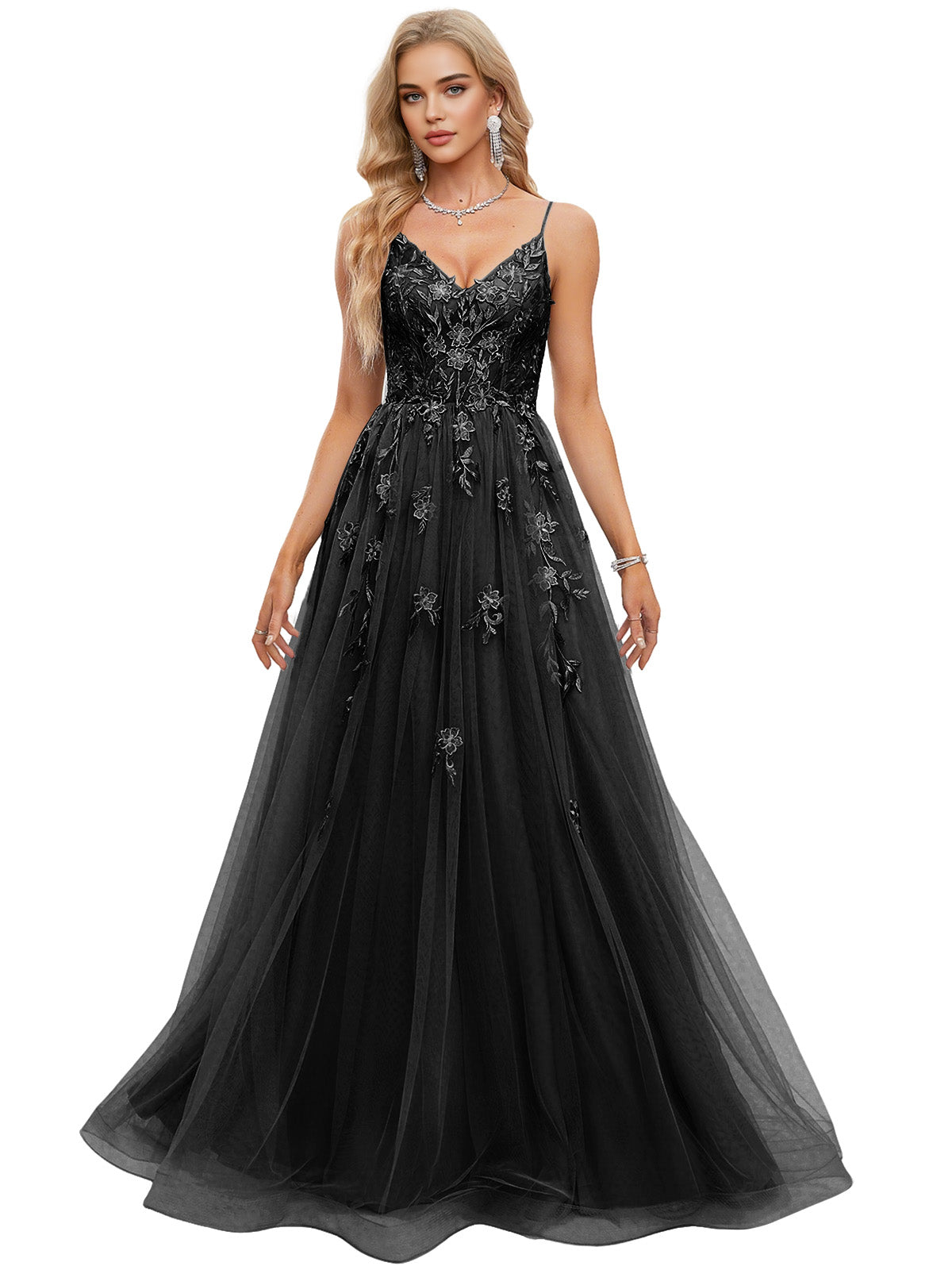 Beaded Bodice Tulle Ball Gown Prom Dress with Spaghetti Straps