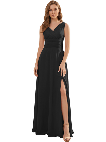 V-Neck Chiffon Bridesmaid Dress with Ruched Waist and Slit