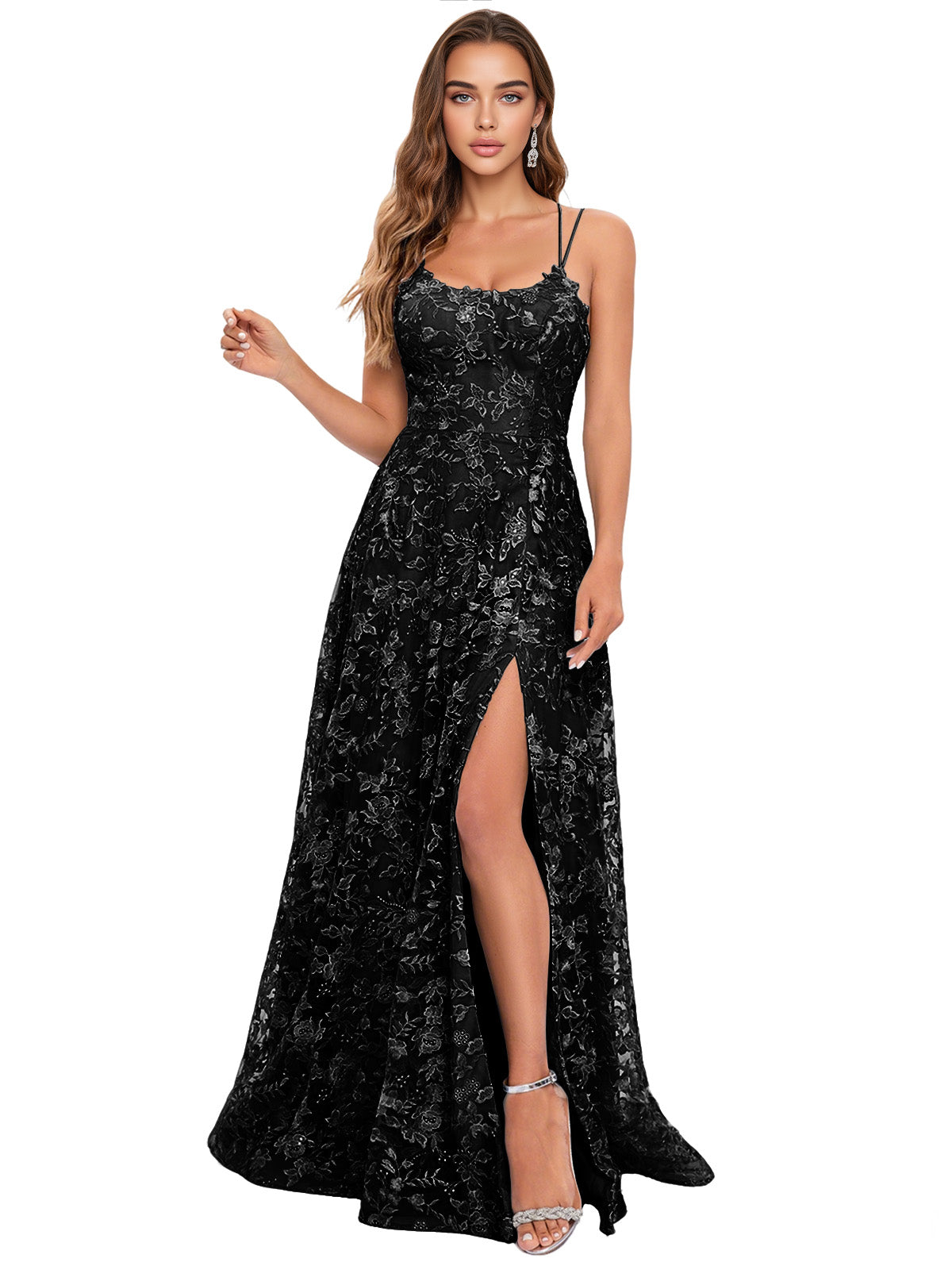 Scoop Neck Lace A-Line Prom Dress with Spaghetti Straps and Side Slit