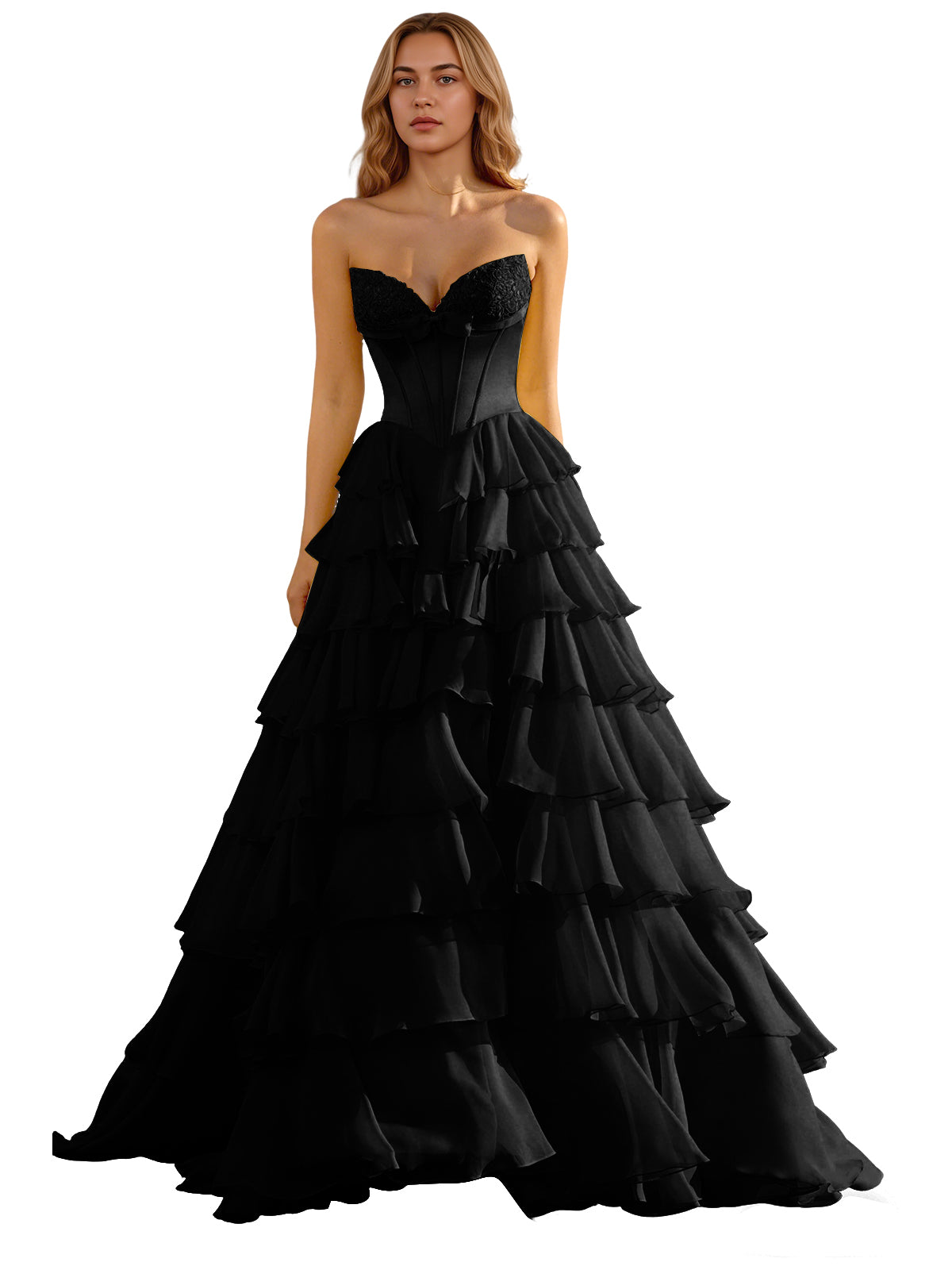 Strapless Tiered Organza Ball Gown Prom Dress with Corset Top