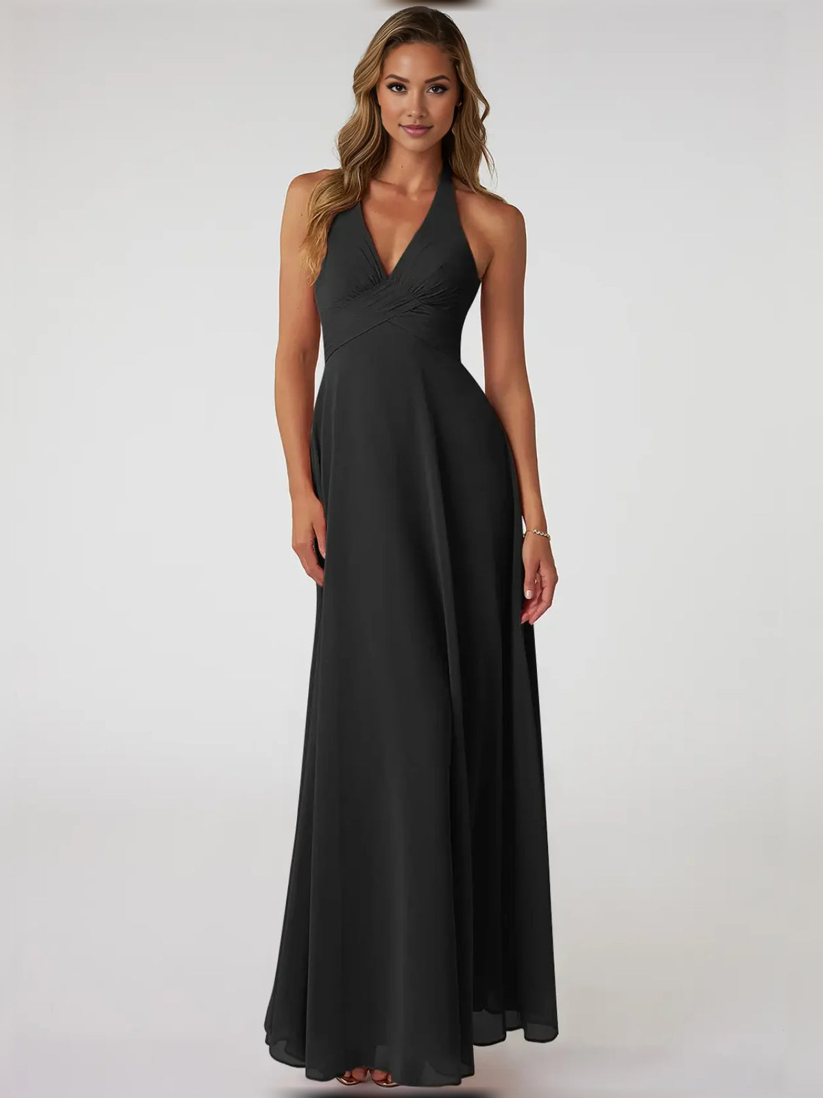 Ruched Pleated V Neck A-Line Maxi Chiffon Bridesmaid Dress for Estate Wedding