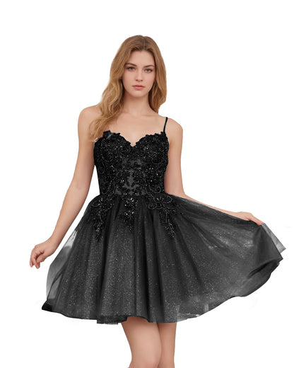 Spaghetti Strap Beaded Corset Glitter Tulle Homecoming Dress