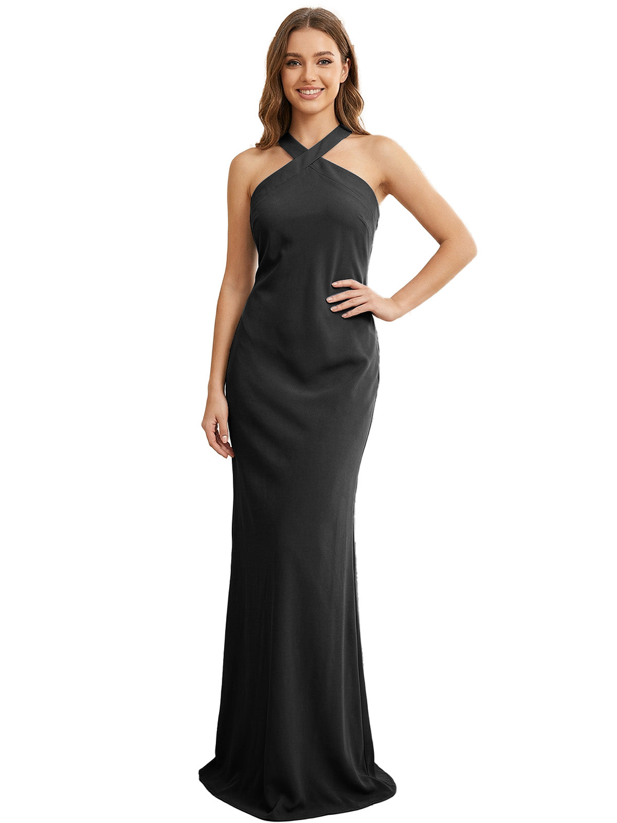 High Neck Halter Bridesmaid Dress with Sleek Column Silhouette