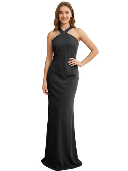 High Neck Halter Bridesmaid Dress with Sleek Column Silhouette