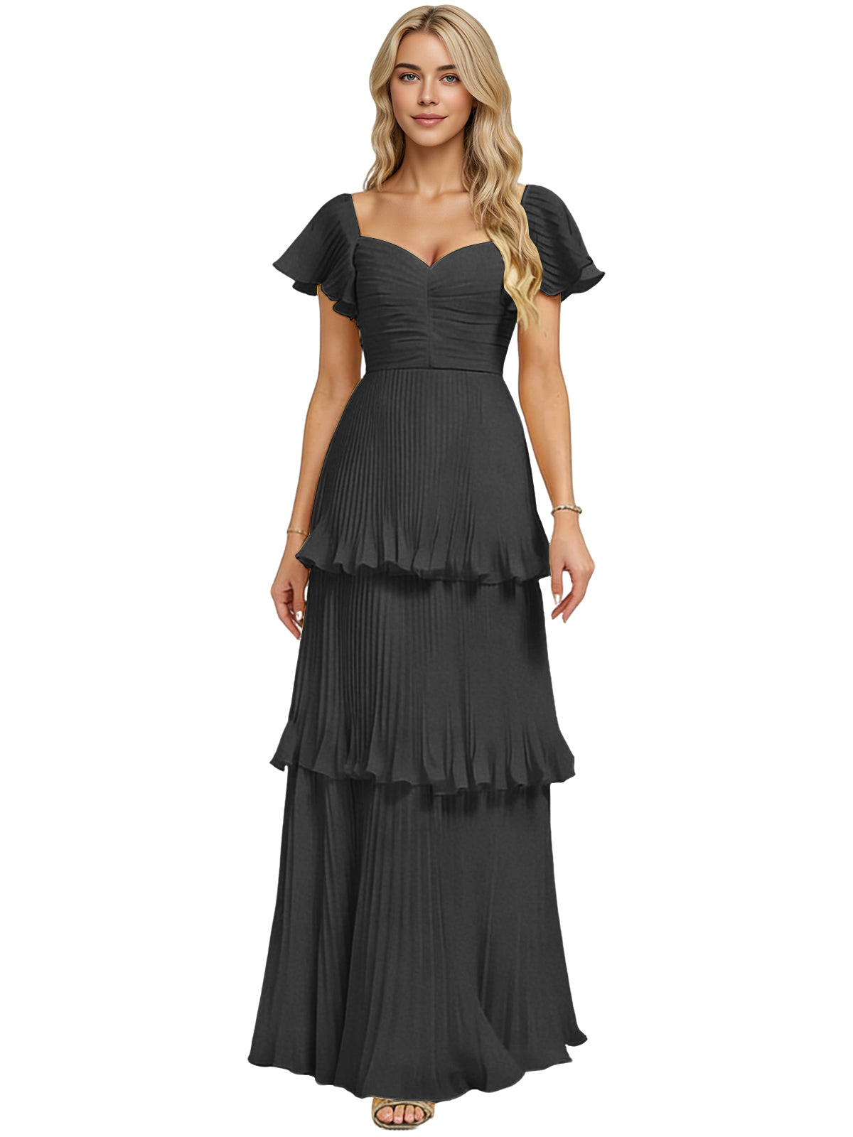 Tiered Ruffle Chiffon Bridesmaid Dress with Sweetheart Neckline