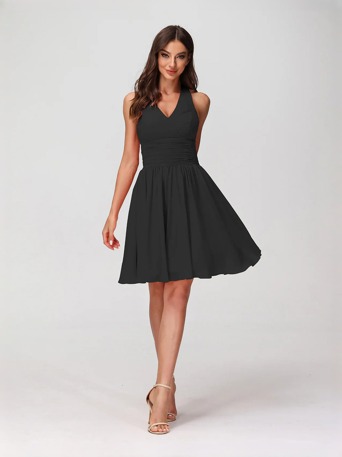 Ruched Halter Neck A-Line Mini Chiffon Bridesmaid Dress for Formal Wedding