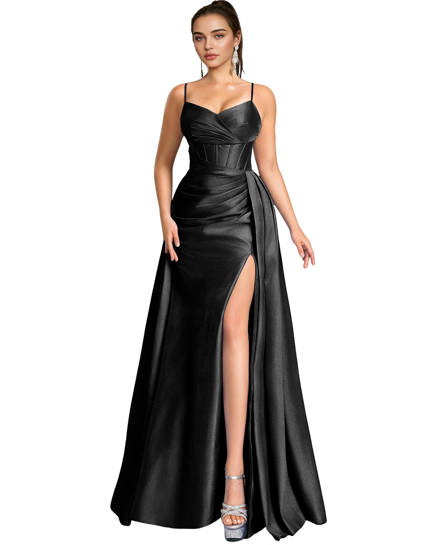 One Shoulder Satin A-Line Prom Dress with Wrap Bodice and Side Slit