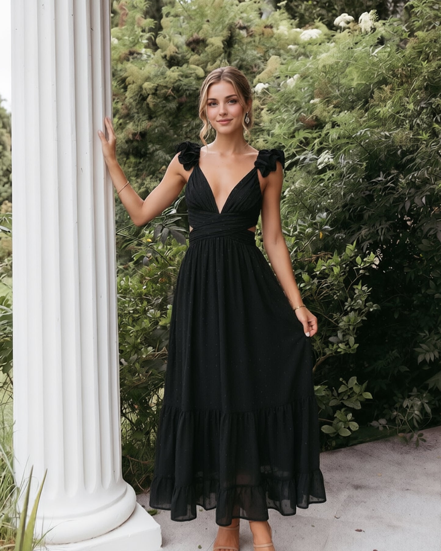 Deep V-Neck Swiss Dot Chiffon Bridesmaid Dress with Ruffle Straps