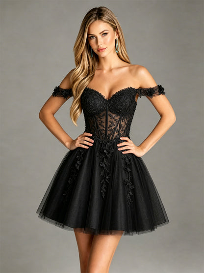 Off Shoulder 3D Floral Corset Glitter Tulle Homecoming Dress