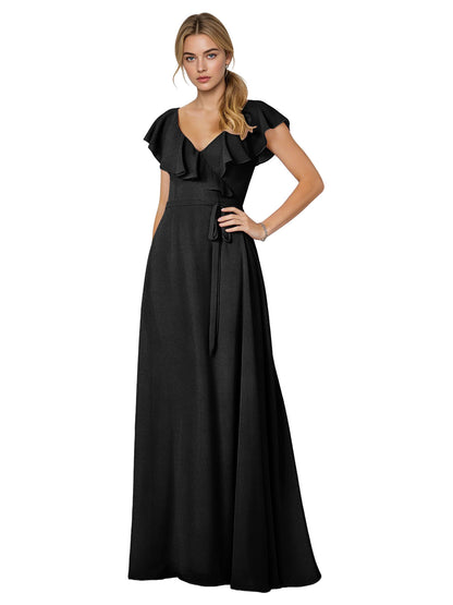 Tie Neck Chiffon Bridesmaid Dress with Flutter Sleeves