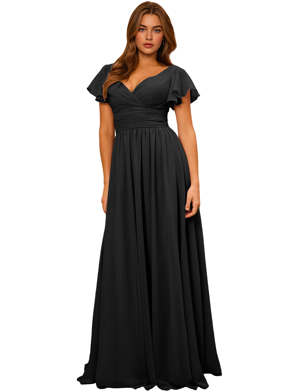 V-Neck Flutter Sleeve Chiffon Bridesmaid Dress with Empire Waist