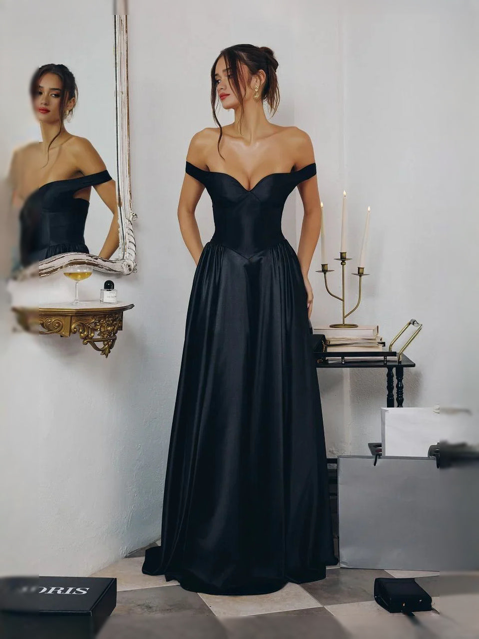 Ruched Pleated Off Shoulder A-Line Maxi Satin Prom Dress for Celebration Dinner