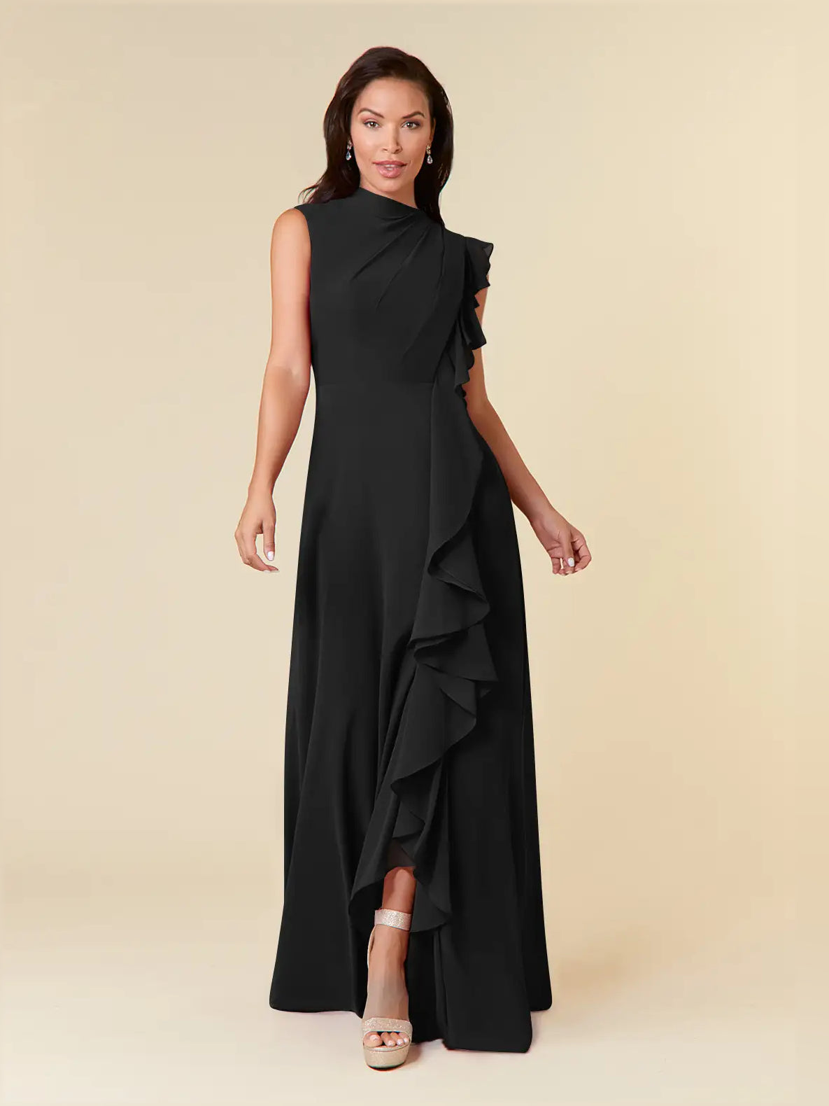 Draped Ruffled High Neck A-Line Maxi Chiffon Bridesmaid Dress for Church Wedding